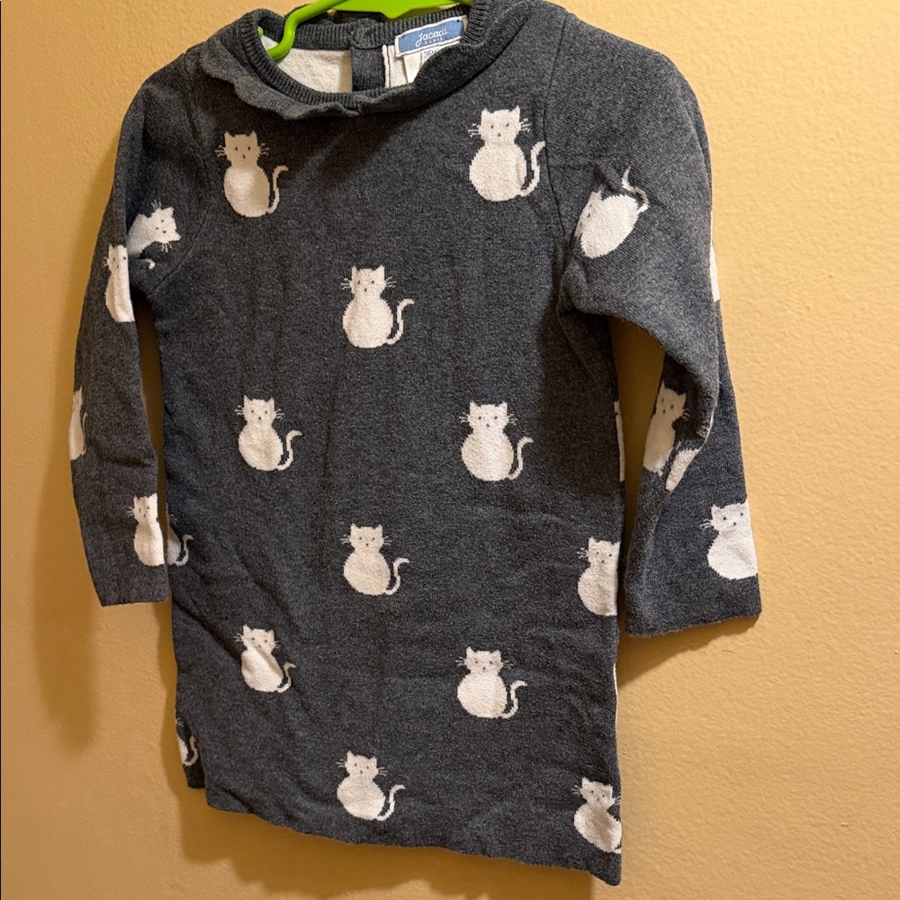 Jacadi Gray Knit Hooded Dress with White Cat Motif